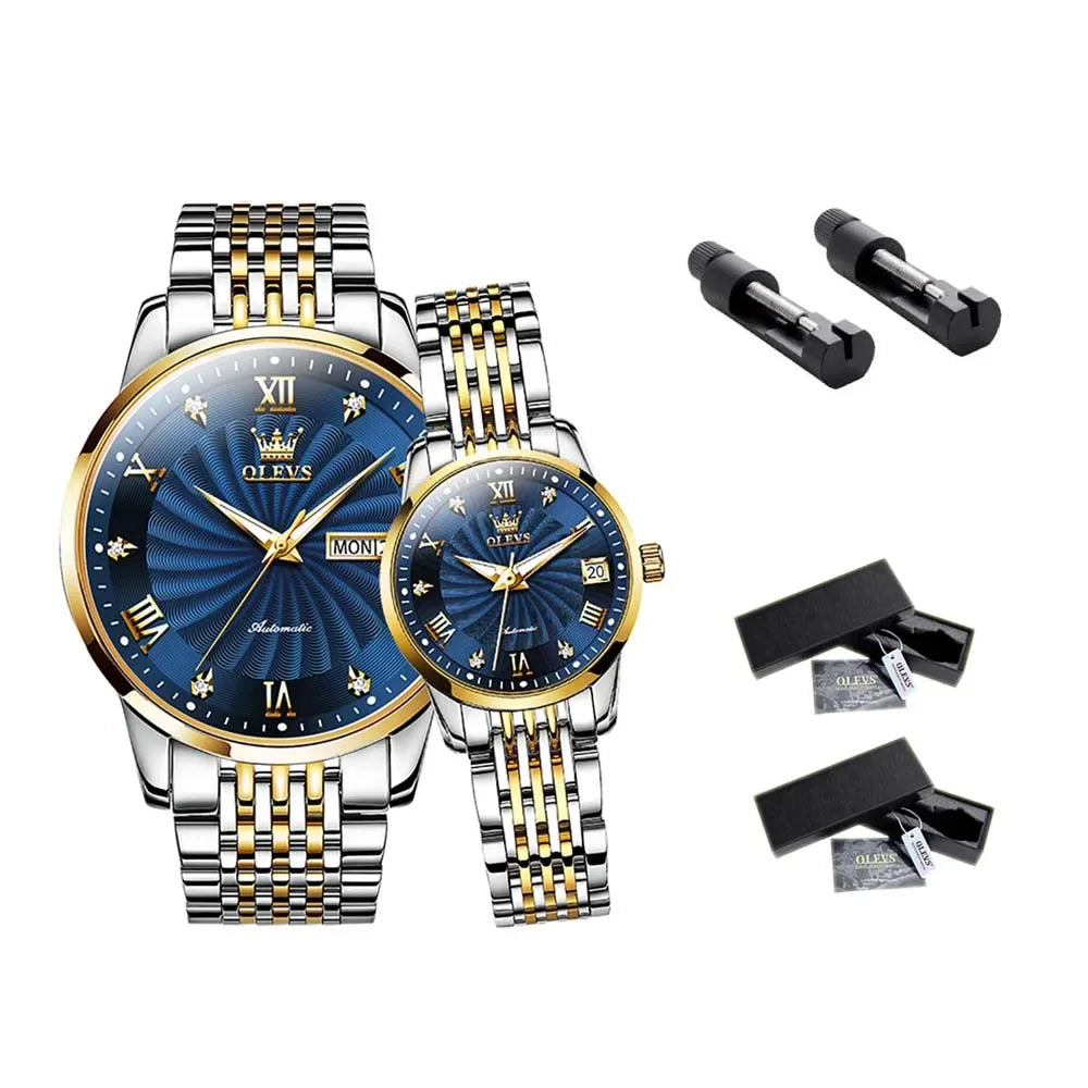 OLEVS Couple Watches Automatic Mechanical Luxury Stainless Steel Waterproof Cyclone Dial Lovers Watch Gift Set Relogio Masculino