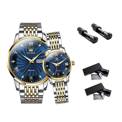 OLEVS Couple Watches Automatic Mechanical Luxury Stainless Steel Waterproof Cyclone Dial Lovers Watch Gift Set Relogio Masculino