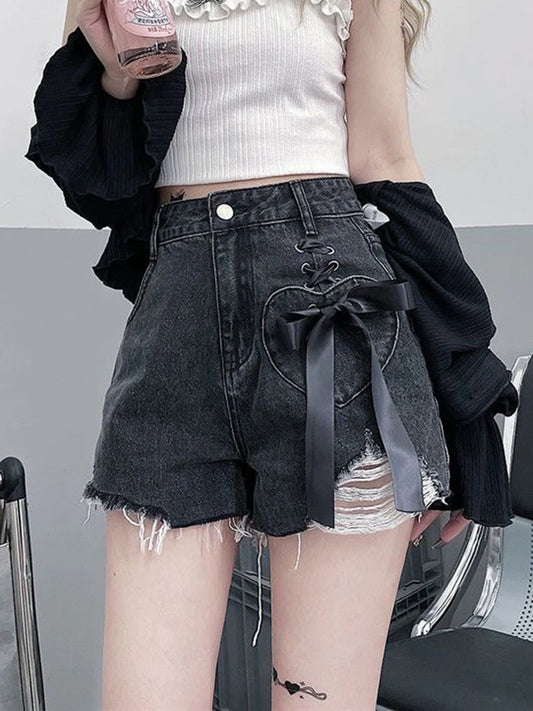 Jmprs Y2K Hole Gothic Denim Shorts Women Streetwear Bow Lace Up Shorts Harajuku Retro High Waist Design Hip Hop Jeans Shorts New