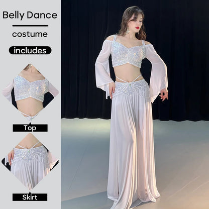 Belly Dance Costume Set Suit Outfit Top and Skirt Sequin Spring Mesh For Adult Women Stage Performance Personal Practice Clothes