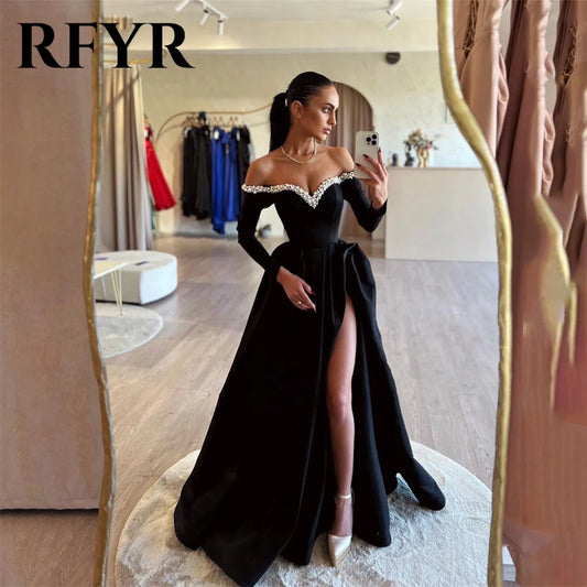 RFYR Elegant Black Prom Dresses A-Line Satin Evening Dresses Off The Shoulder Beading On Chest Night Dress Side Split Customized