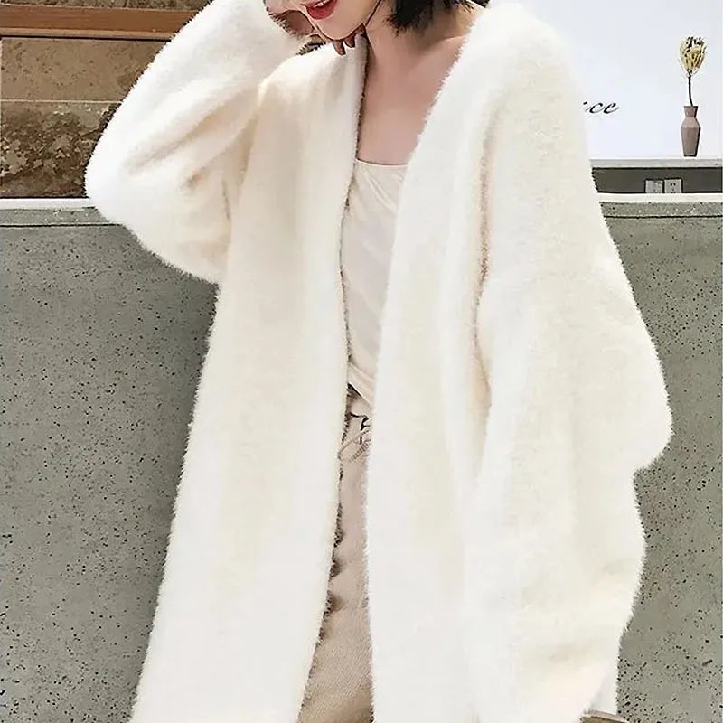 white Long Cardigan for women winter clothes Knitted fluffy long sleeve Cashmere sweater coat clotkorean style warm vintage