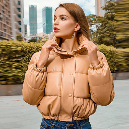 Winter Warm Thick PU Leather Coats Women Short Parkas Fashion Black Cotton Padded Lady Down Jacket Elegant Zipper Clothes