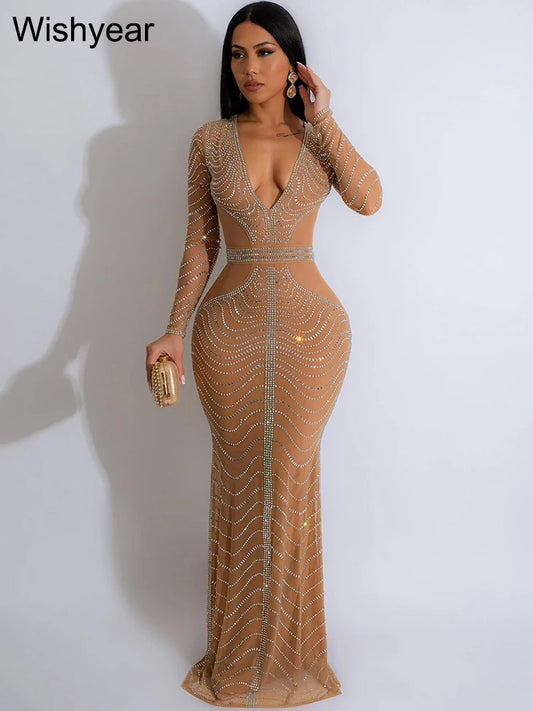 Wishyear Luxury Formal Occasion Diamonds Rhinestones Deep V-neck Birthday Evening Wedding Party Bodycon Midi Maxi Dress Vestidos