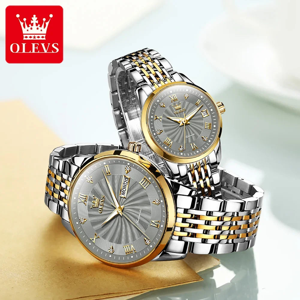 OLEVS Couple Watches Automatic Mechanical Luxury Stainless Steel Waterproof Cyclone Dial Lovers Watch Gift Set Relogio Masculino