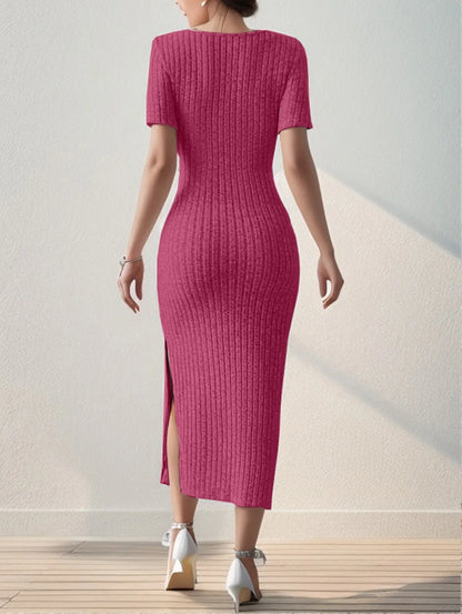 Summer Square Neck, Hip-Hugging Mid-Length Skirt, Short-Sleeved, Versatile Knitted Slit Dress