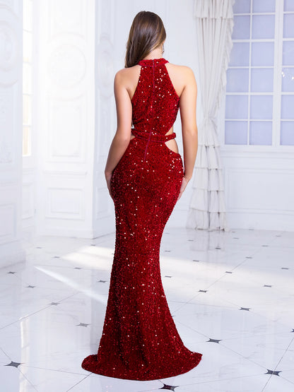 Sexy Sequined Evening Dress Hollow Out Sleeveless Bodycon Prom Ball Gown for Women