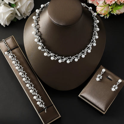 4pcs women's jewelry set with pearl rhinestone necklace, earrings, bracelets, bride's wedding accessories