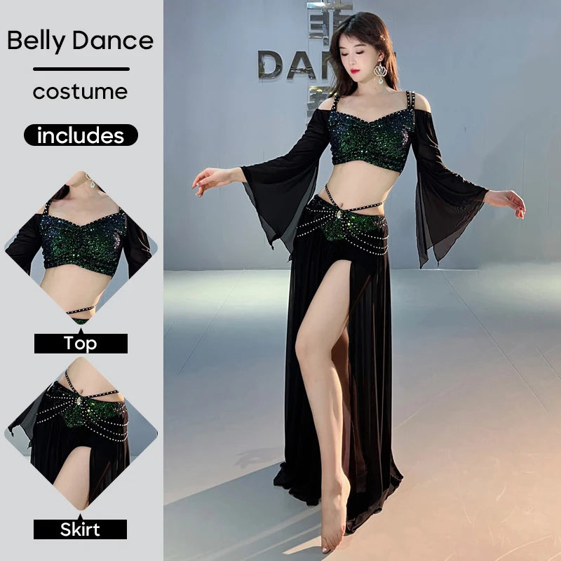 Belly Dance Costume Set Suit Outfit Top and Skirt Sequin Spring Mesh For Adult Women Stage Performance Personal Practice Clothes