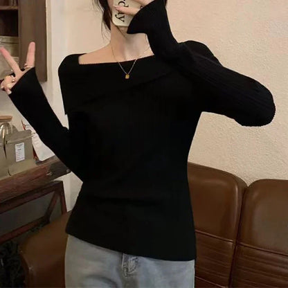 Solid Sexy Slim Off Shoulder Slash Neck Long Sleeve Knitting Sweater  Women Jumpers Office Fashion New