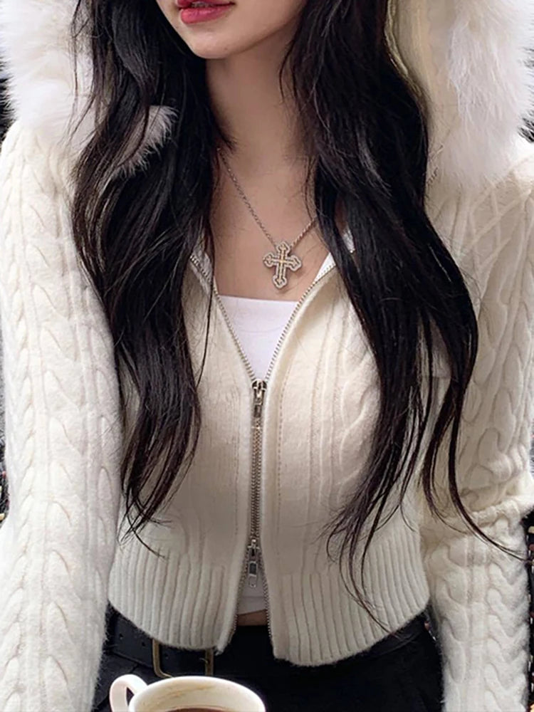 IAMSURE Sweet Furry Trim Hooded Knitted Cropped Cardigans Slim Zipper Long Sleeve Sweaters Women Autumn Winter Fashion Lady