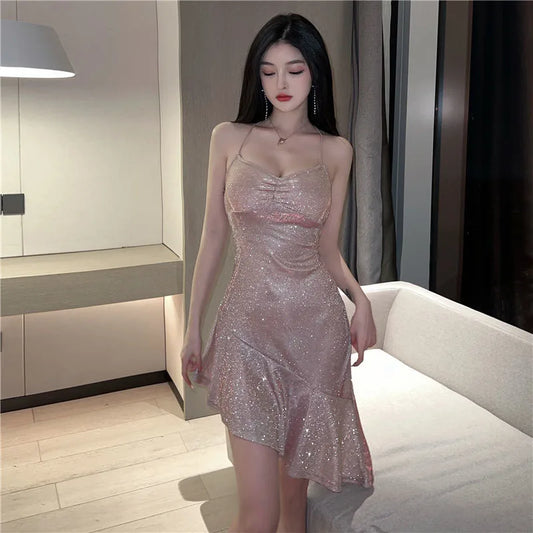 Biyaby Sexy Women Golden Mermaid Dresses Summer Spaghetti Strap Strapless Dress Woman Elastic Solid Color Bandage Vestidos Lady