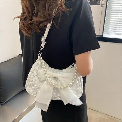 Pearl Female Bag Retro Luxury Designer Handbag Bow Crossbody Bags Fashion Canvas Women's Trend Shoulder bag Purses