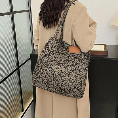 Oversized Leopard Prints Shoulder Bags for Women Deformable Canvas Large Capacity Shopping Totes  Winter New Luxury Handbags