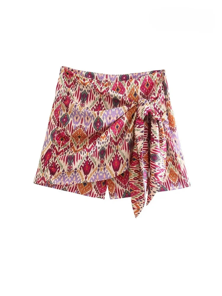 ASDS Women Fashion With Knotted Totem Print Shorts Skirts Vintage High Waist Side Zipper Female Skirts Mujer