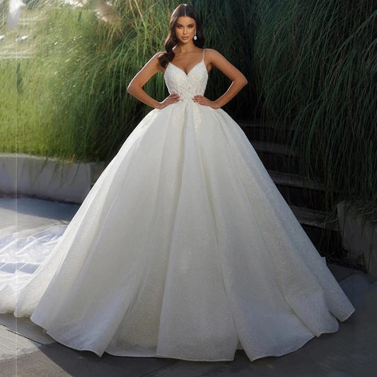 Off Shoulder Sleeveless Exquisite Appliques A-Line Fluffy Mopping Wedding Dresses  Classic Princess Bridal Gown Customized