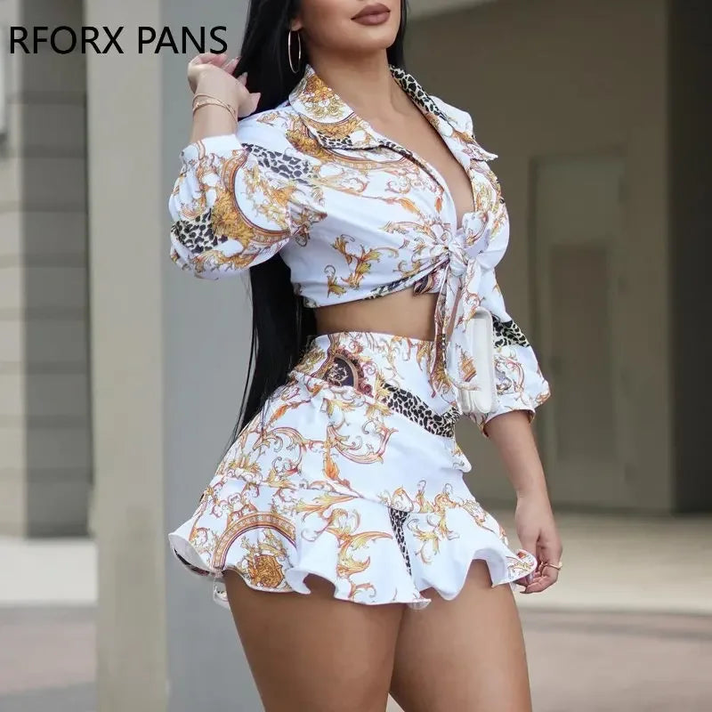 Spring Elegant Allover Print Shirt & Sexy Mini Skirt Sets Women Suits