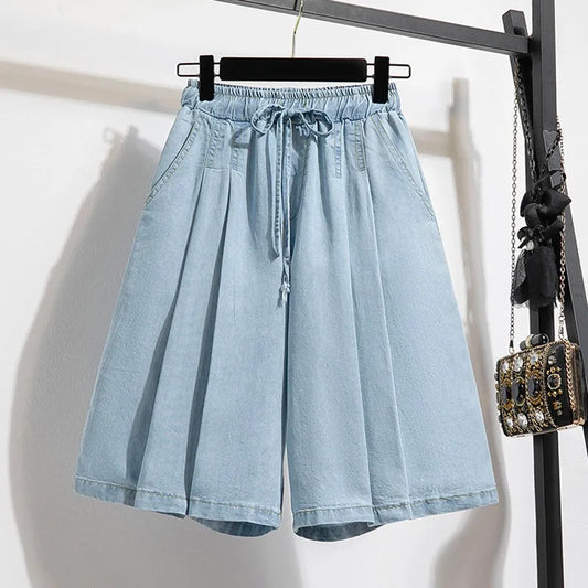 Women Summer Casual Short Jeans New Arrival Korean Style Solid Color Basics Loose Female Knee Length Denim Pants B3677