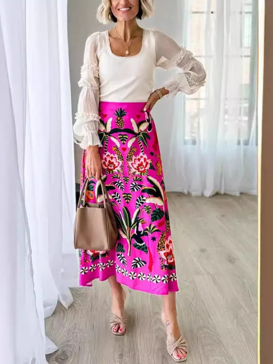 Spring/Summer New Street Tropical Plant Print Retro Half Skirt Women's Elegant Lower Half Colored Printed Half Skirt