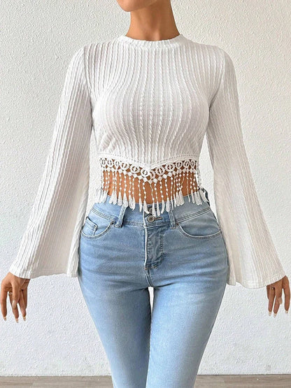 Women's Flare sleeve Tassel Casual Slim T-shirts,Women Clothing,Women Top,Crop Top,Tops For Women,Woman Clothes