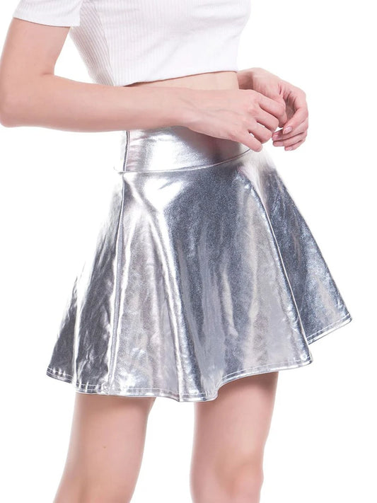 CUHAKCI Skater Pleated Skirt High Waist Women Party Casual Mini Gold Female Silver Black Clubwear Dance