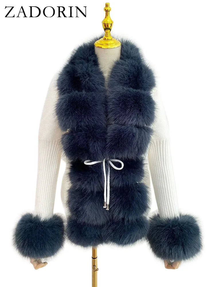 ZADORIN Luxury Fur Cardigan Knit Winter Sweater Women Elegant Detachable Fur Belt White Pink Black Womens Cardigan Korea Style