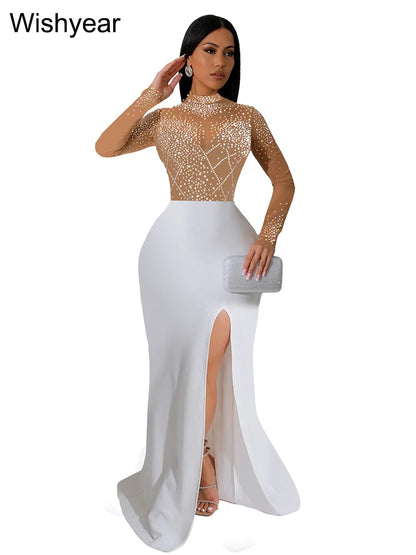 Wishyear Mermaid Evening Luxury Dress Woman Elegant Wedding Party Mesh Patchwork See Through Long Sleeve High Split Prom Formal