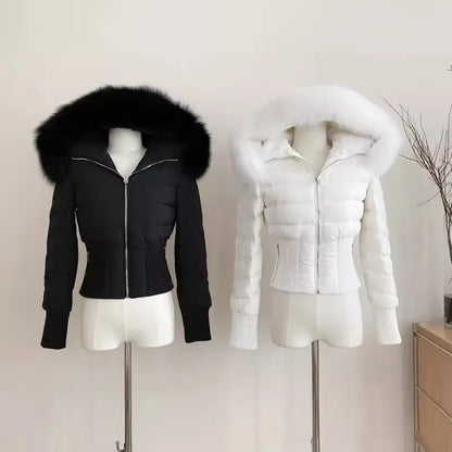 Winter Real Fox Fur Women White Goose Down 2000s Short Jacket Warm Puffer Female Outdoor Thick Cropped Y2k Fashion Parkas