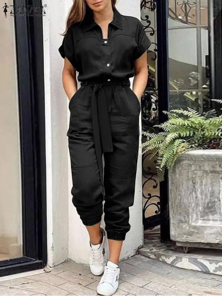 ZANZEA Summer Fashion OL Work Jumpsuits Vintage Cargo Rompers Woman Lapel Neck Short Sleeve Playsuits Elegant Party Overall