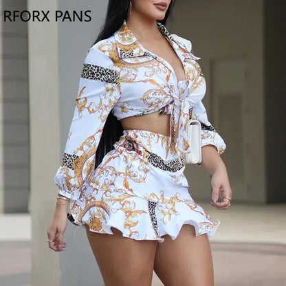 Spring Elegant Allover Print Shirt & Sexy Mini Skirt Sets Women Suits