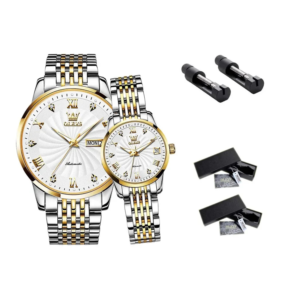 OLEVS Couple Watches Automatic Mechanical Luxury Stainless Steel Waterproof Cyclone Dial Lovers Watch Gift Set Relogio Masculino