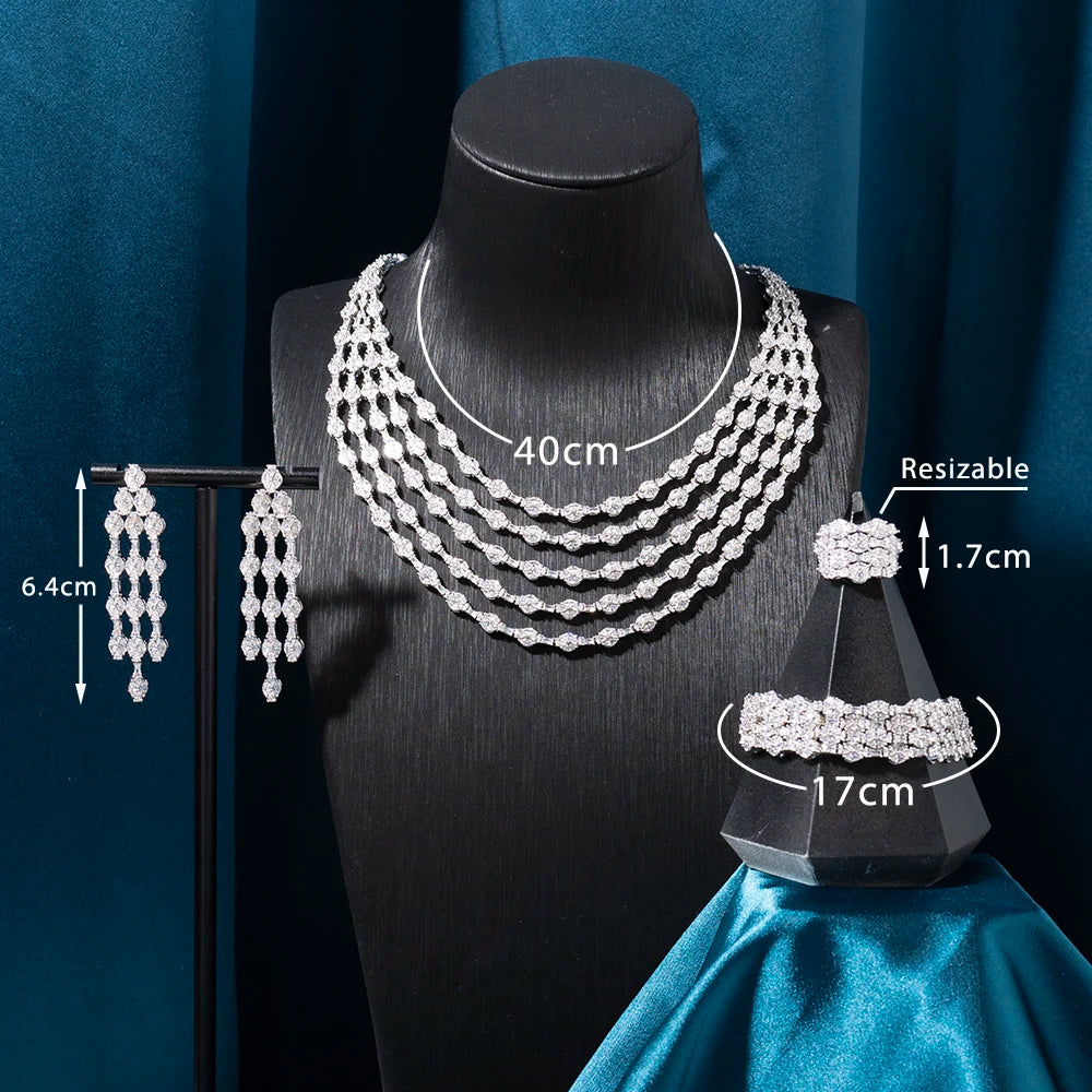 INJEWELIFE Five Layer Jewelry Set for Women Cubic Zirconia Wedding Engagement Party Dudai Crystal Necklace Jewellery Accessories