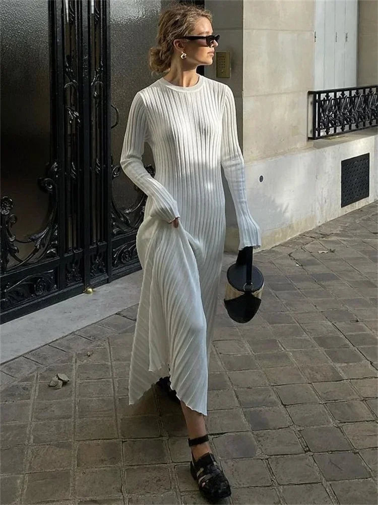 Tossy Lace-Up Female Knit Maxi Dress Autumn High Waist Fashion Patchwork Long Sleeve Loose Solid Dress Bandage Knitwear Dress