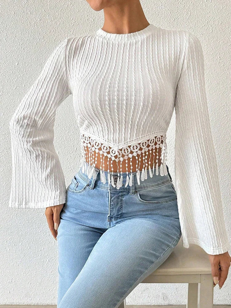 Women's Flare sleeve Tassel Casual Slim T-shirts,Women Clothing,Women Top,Crop Top,Tops For Women,Woman Clothes