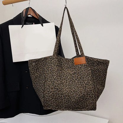 Oversized Leopard Prints Shoulder Bags for Women Deformable Canvas Large Capacity Shopping Totes  Winter New Luxury Handbags