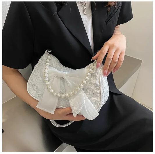 Pearl Female Bag Retro Luxury Designer Handbag Bow Crossbody Bags Fashion Canvas Women's Trend Shoulder bag Purses