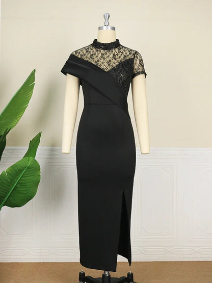 Black Long Prom Dresses High Neck Lace Patchwork Bodycon Women Evening Cocktail Club Party African Gowns Sexy Slit Outfits