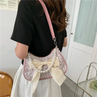 Pearl Female Bag Retro Luxury Designer Handbag Bow Crossbody Bags Fashion Canvas Women's Trend Shoulder bag Purses