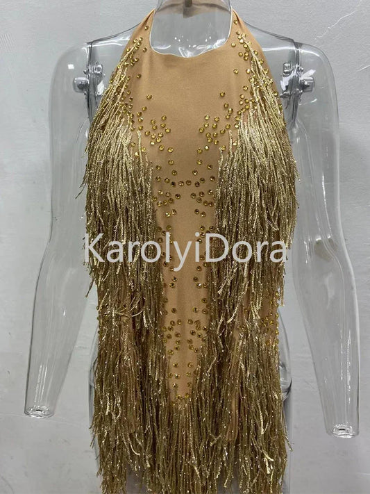 Sparkly Rhinestones Fringes Bodysuit Women Nightclub Outfit Glisten Dance Costume One-piece Dance Wear Singer Stage Leotard