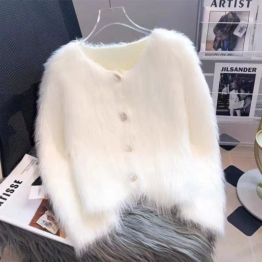 Autumn Warm Women Crop Cardigan  Knitted Elegant Female Casual Sweaters Fashion Imitation Mink Cashmere Soft Ladies Coat