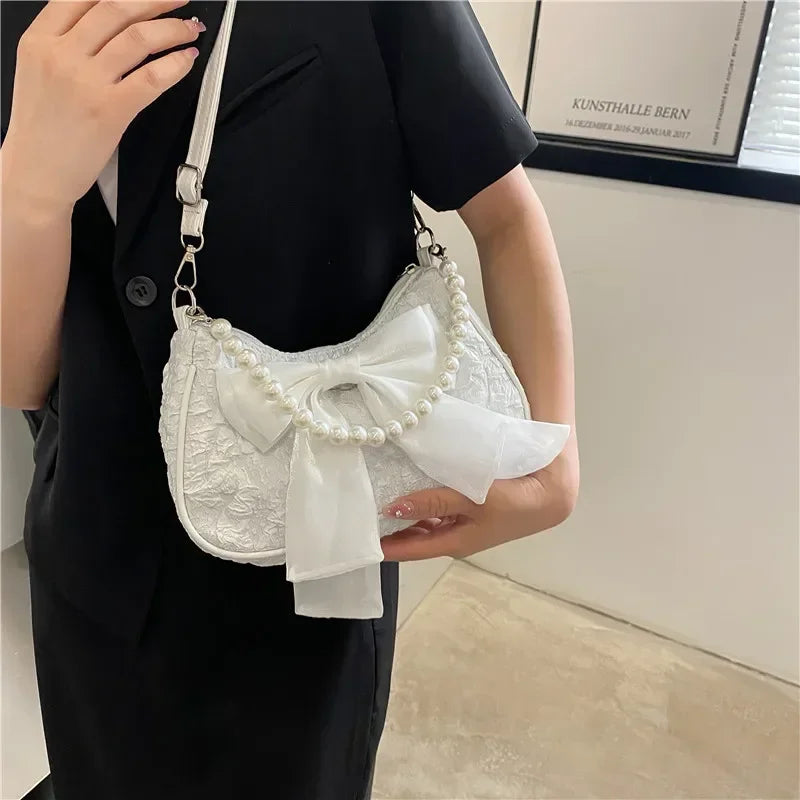 Pearl Female Bag Retro Luxury Designer Handbag Bow Crossbody Bags Fashion Canvas Women's Trend Shoulder bag Purses