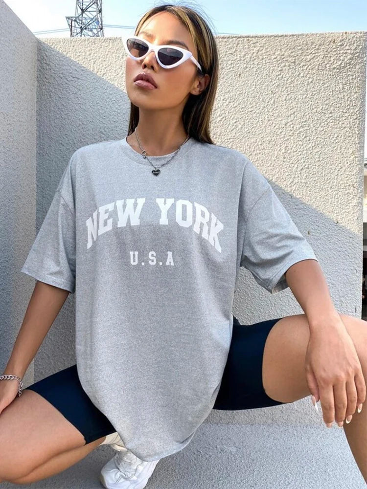 Blessyuki New York Letter Print T-shirts Female Summer Basic O-neck Tees Casual Retro Streetwear Ladies Harajuku Plus Size Tops