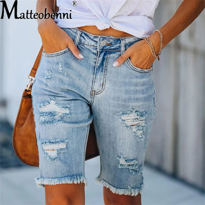 Ripped Jeans Summer Street Tassel High Elastic Skinny Pants Mid Waist Five Points Pants Women Slim Hole Ladies Casual Shorts