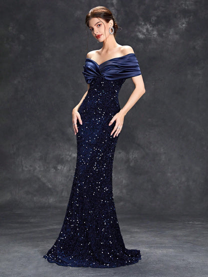 Mgiacy Line neck pleated tint sequin velvet fishtail Dress Evening Gown Ball dress Party dress Bridesmaid dress