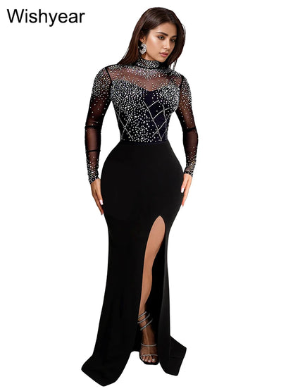 Wishyear Mermaid Evening Luxury Dress Woman Elegant Wedding Party Mesh Patchwork See Through Long Sleeve High Split Prom Formal