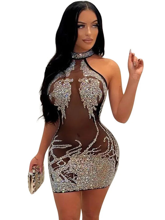 Sexy Mesh Rhinestone Short Prom Evening Mini Dress See Through Outfits Luxury For Women Night Club Party Diamond Bodycon Dresses