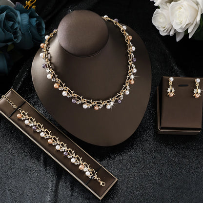 4pcs women's jewelry set with pearl rhinestone necklace, earrings, bracelets, bride's wedding accessories