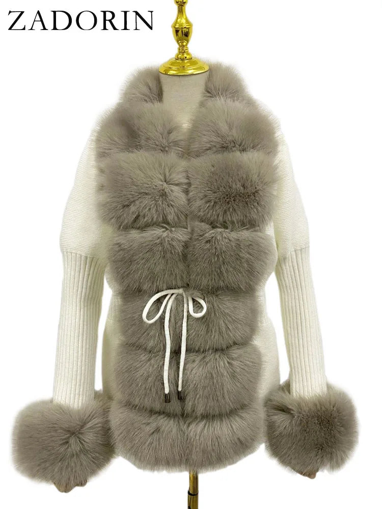 ZADORIN Luxury Fur Cardigan Knit Winter Sweater Women Elegant Detachable Fur Belt White Pink Black Womens Cardigan Korea Style