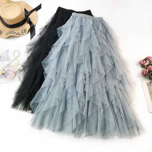 Tulle Skirts for Women Long Length Tutu Fairy Tiered Skirt A Line Mesh Elastic Waist Skirts Big Hem Black Gray Pink Beige Skirts