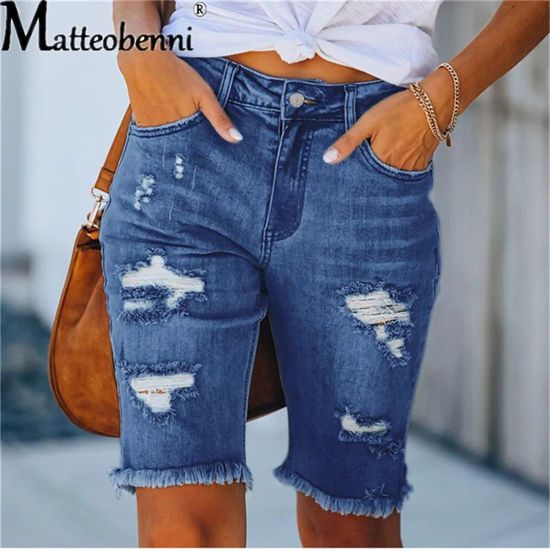 Ripped Jeans Summer Street Tassel High Elastic Skinny Pants Mid Waist Five Points Pants Women Slim Hole Ladies Casual Shorts